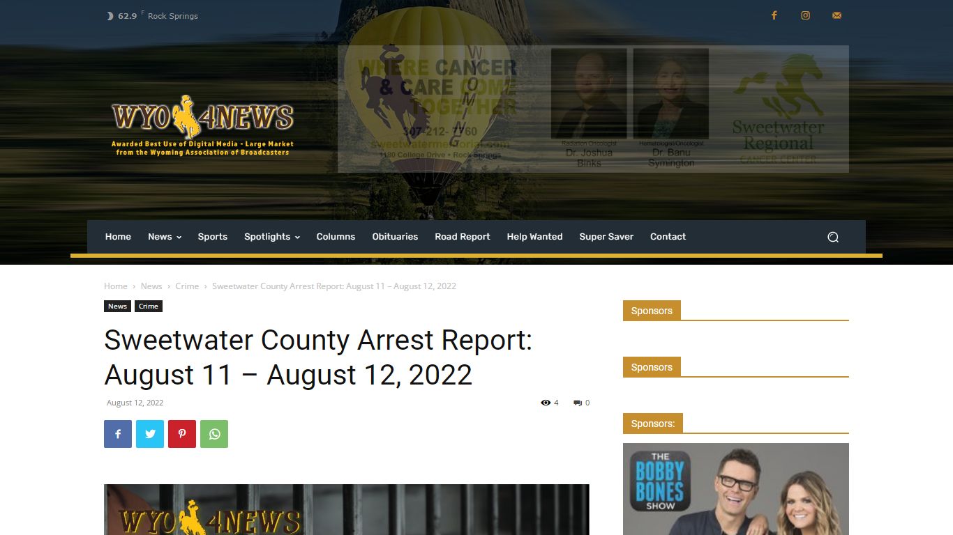 Sweetwater County Arrest Report: August 11 - August 12, 2022