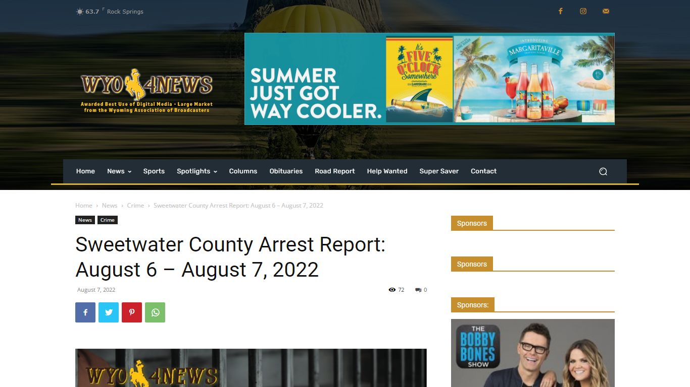 Sweetwater County Arrest Report: August 6 - August 7, 2022